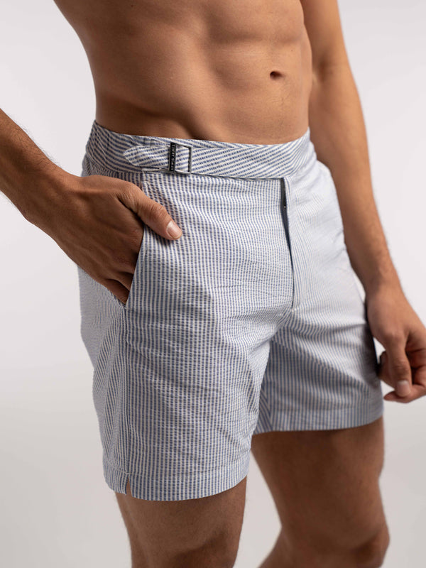 Blue Seersucker Striped Smart Half Elasticated Swimshorts