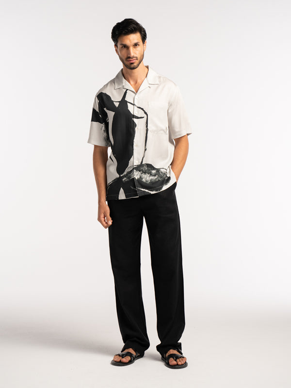 Iris Floral Printed Tencel Shirt in Black and White - Lewis James 