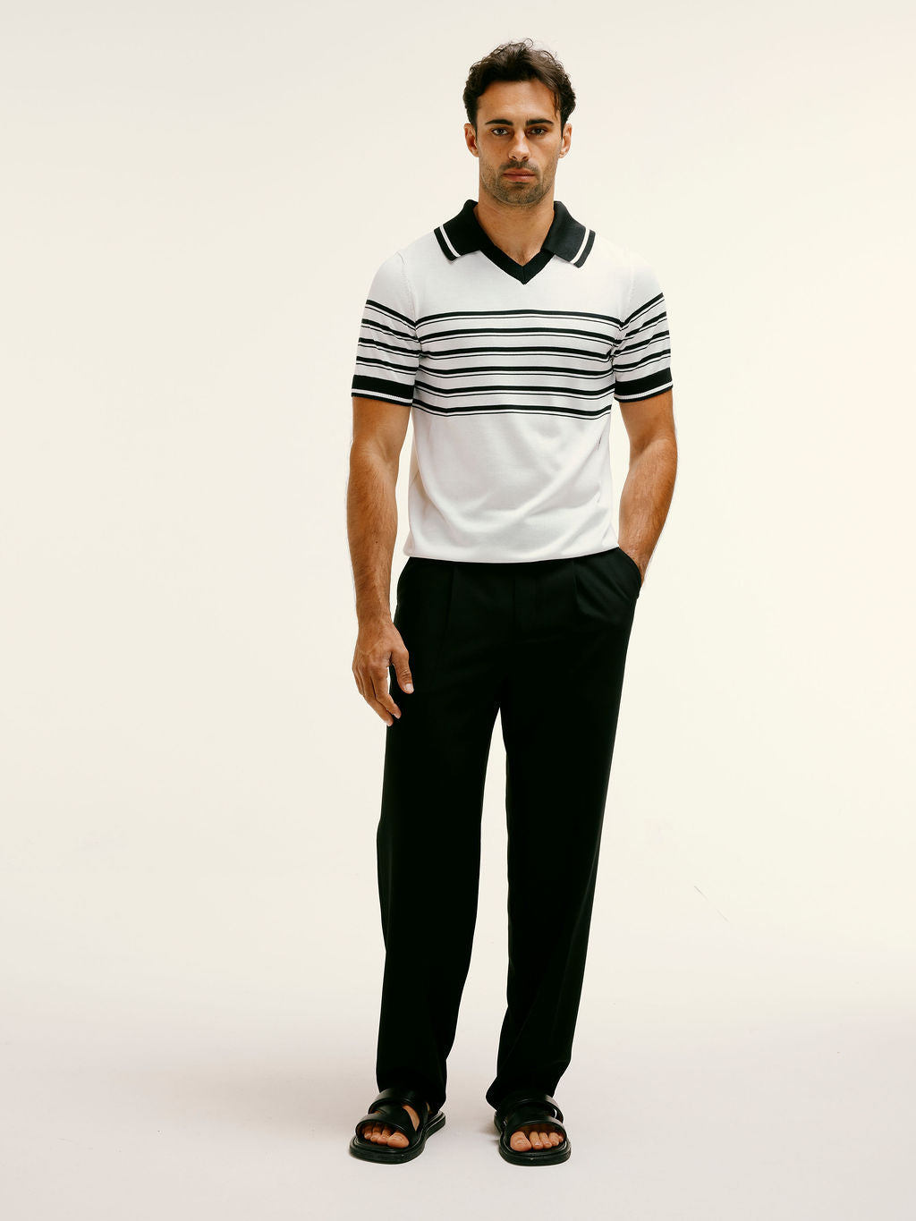 Black and White Striped Open-Collar Polo