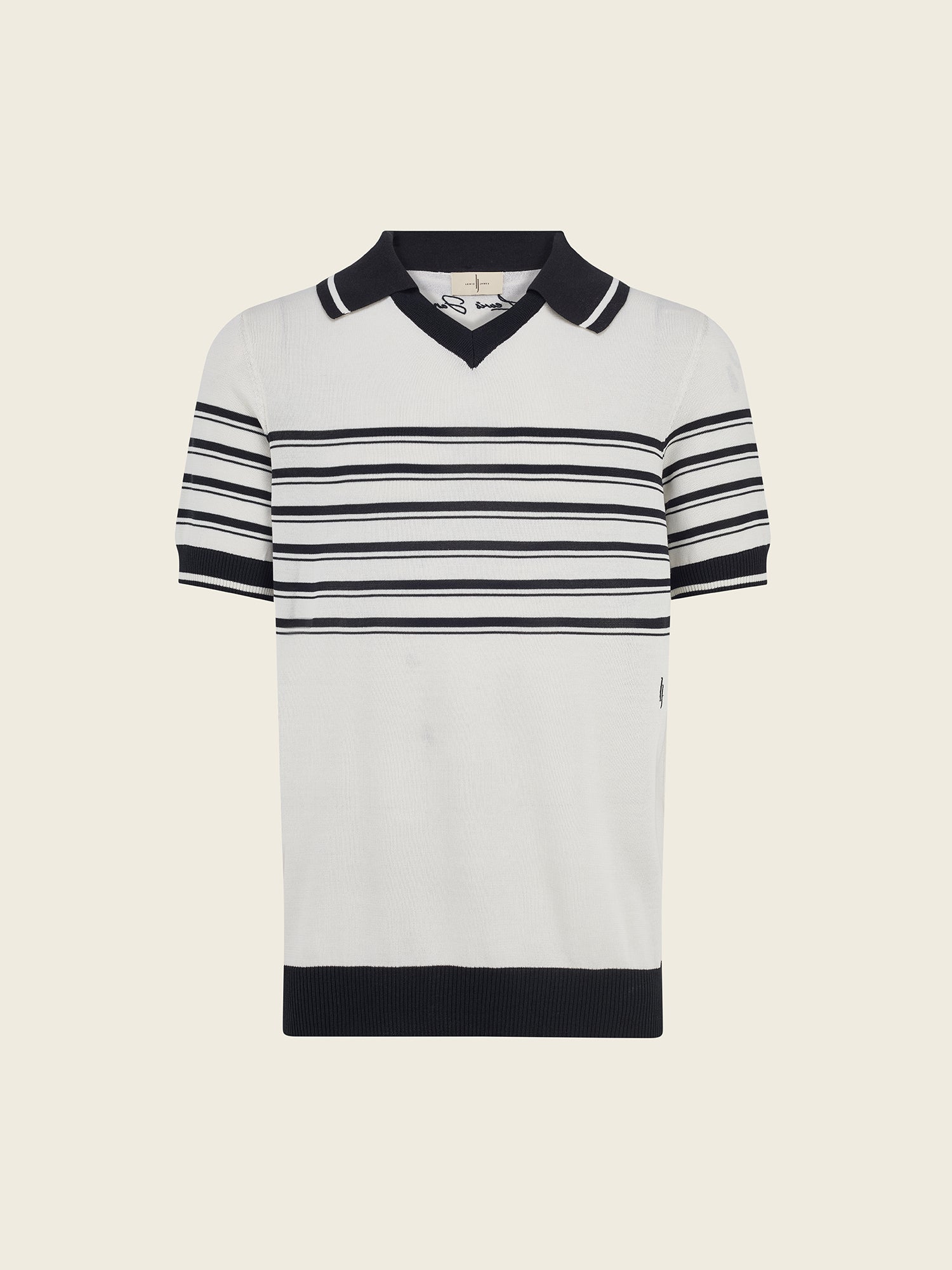 Black and White Striped Open-Collar Polo