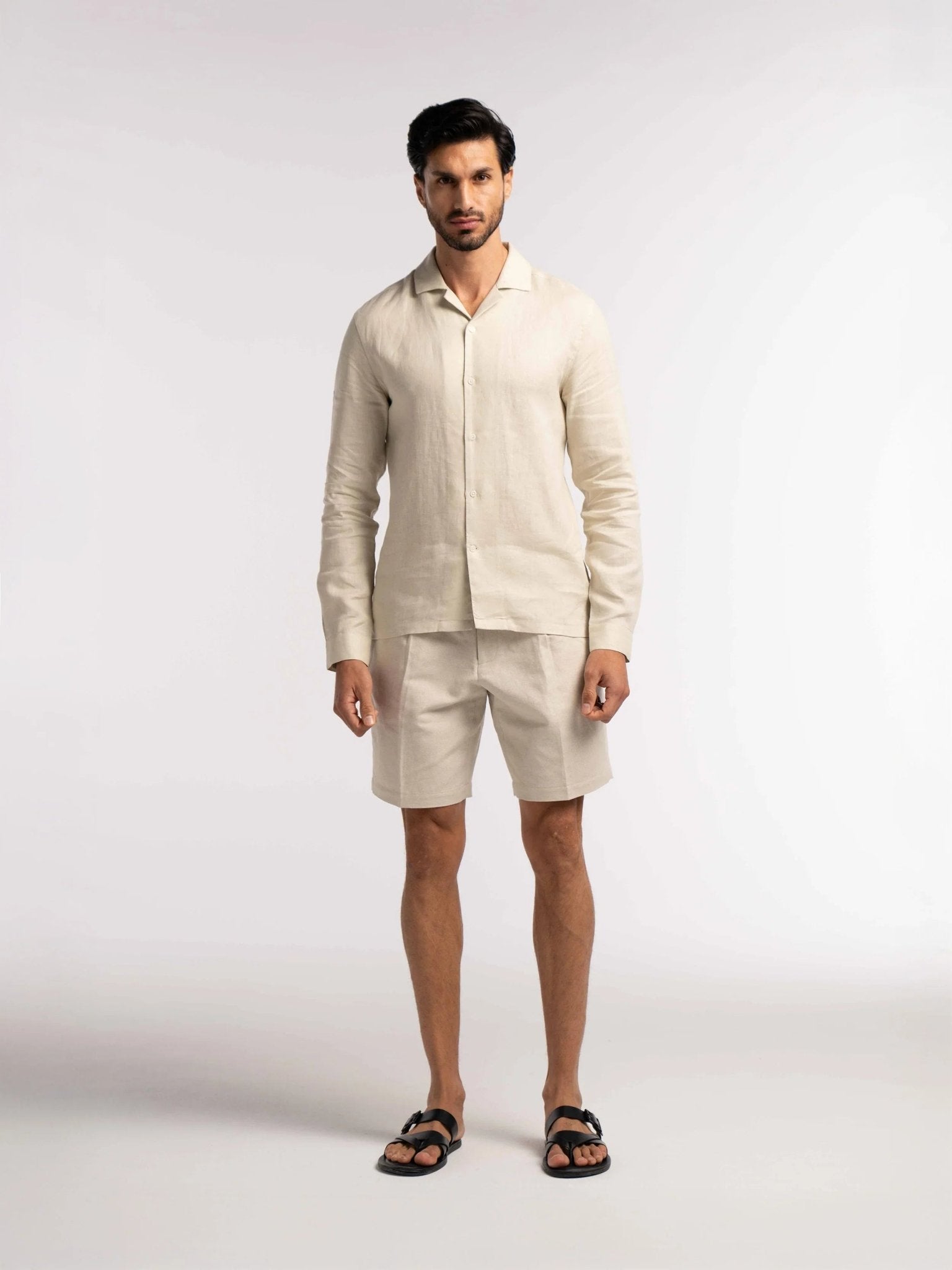 Arista Linen Cuban - Collar Shirt in Monte Stone - Lewis James