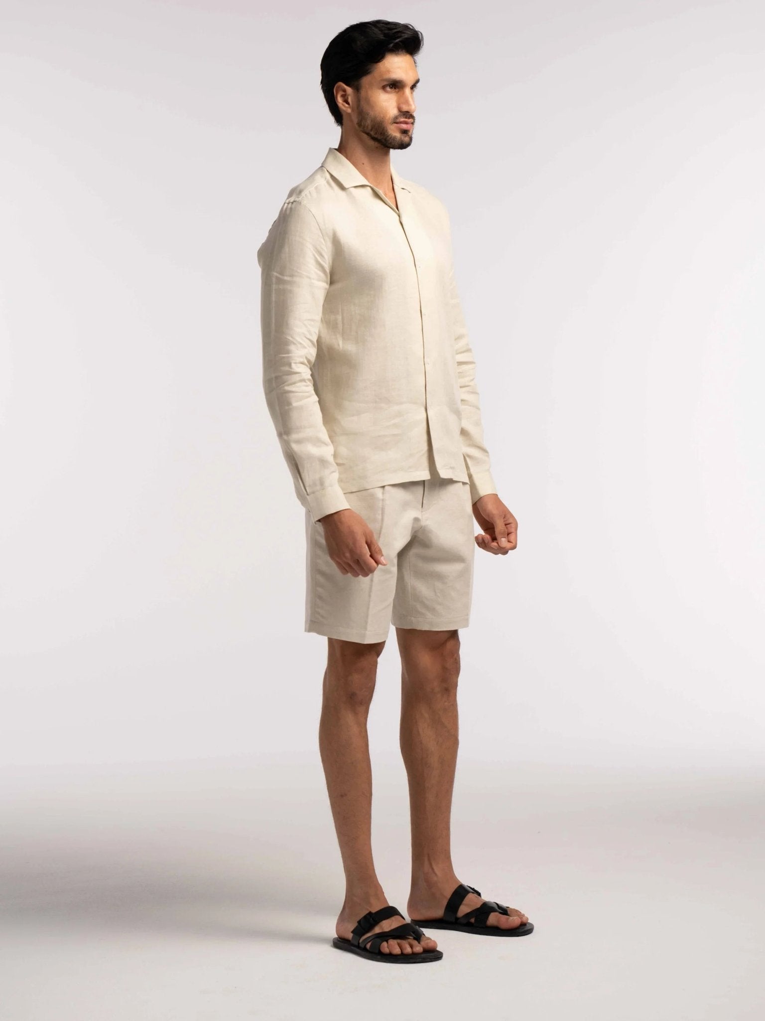 Arista Linen Cuban - Collar Shirt in Monte Stone - Lewis James