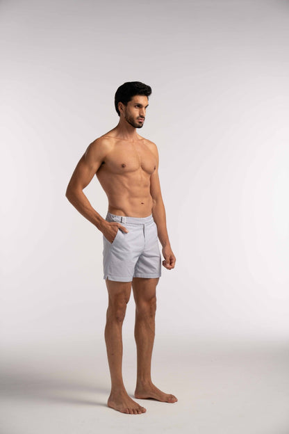Blue Seersucker Striped Smart Half Elasticated Swimshorts - Lewis James