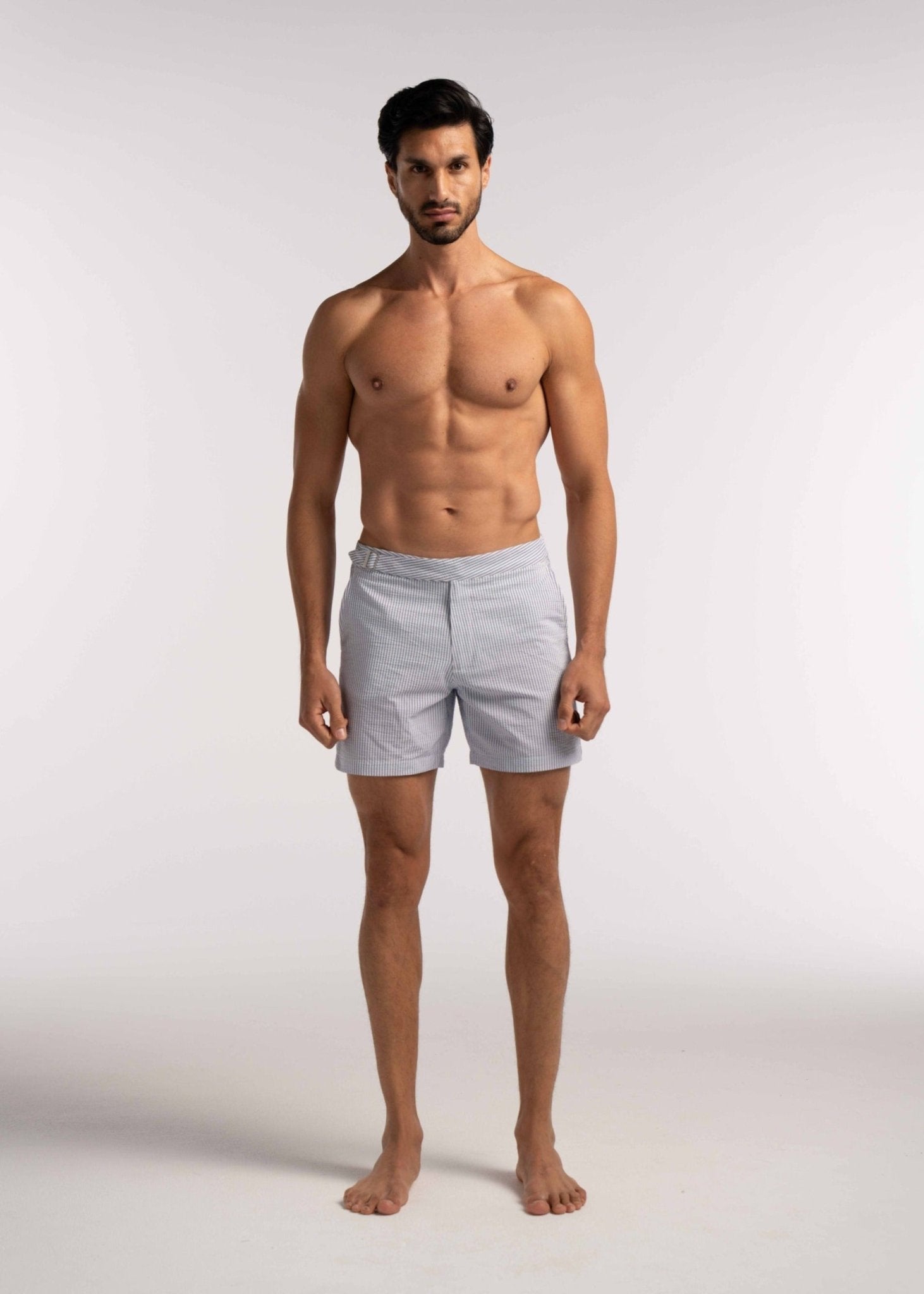 Blue Seersucker Striped Smart Half Elasticated Swimshorts - Lewis James