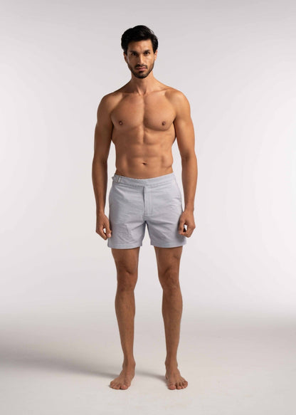 Blue Seersucker Striped Smart Half Elasticated Swimshorts - Lewis James