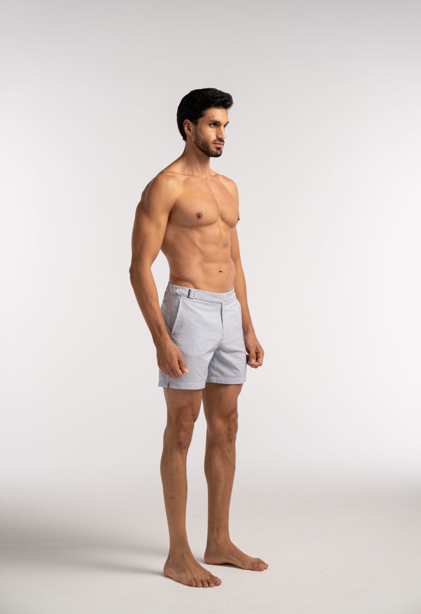Blue Seersucker Striped Smart Half Elasticated Swimshorts - Lewis James