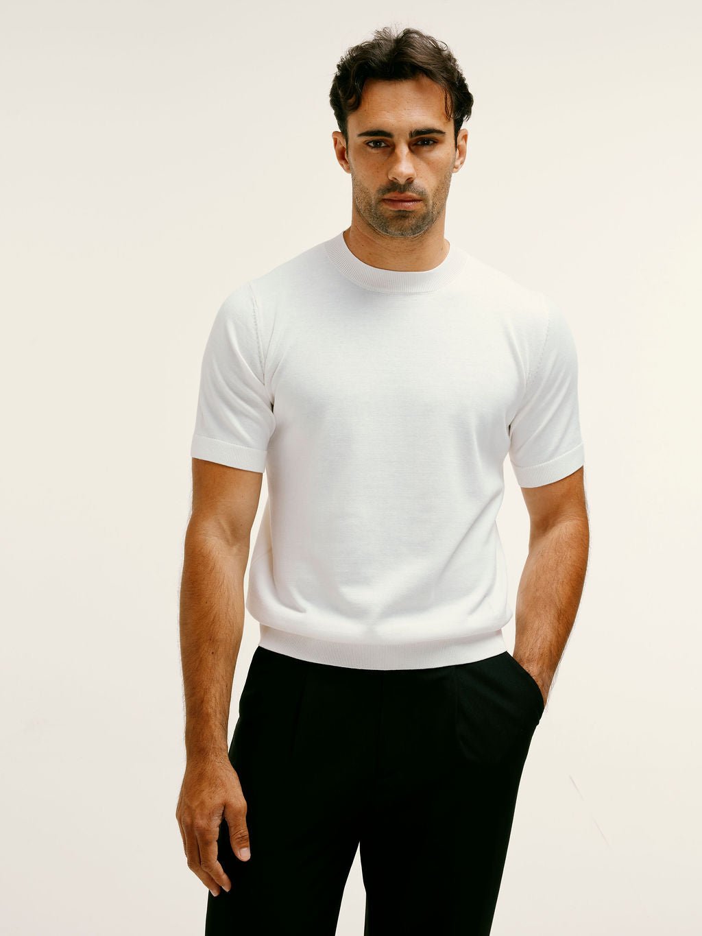 Cotton - Silk Blend Premium Knitted T-Shirt in Ecru - Lewis James