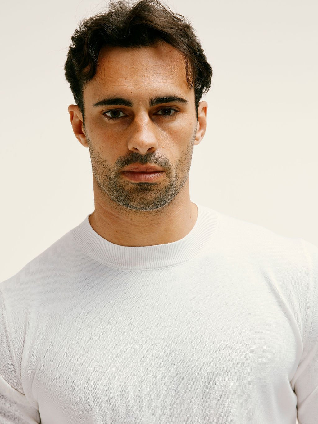 Cotton - Silk Blend Premium Knitted T-Shirt in Ecru - Lewis James