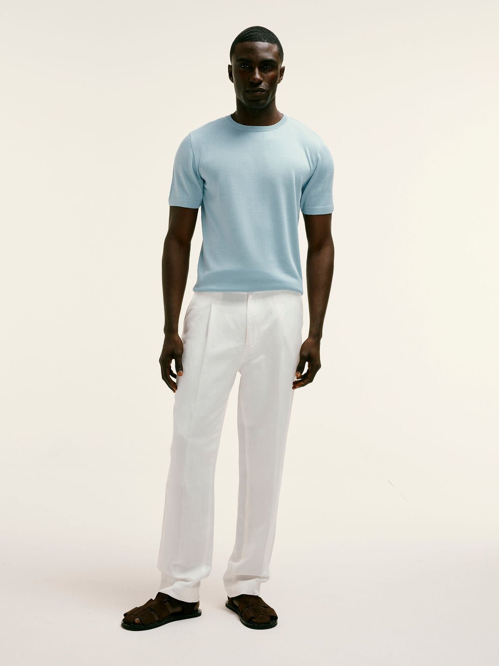 Cotton - silk classic fit Knitted T-Shirt in Blue - Lewis James