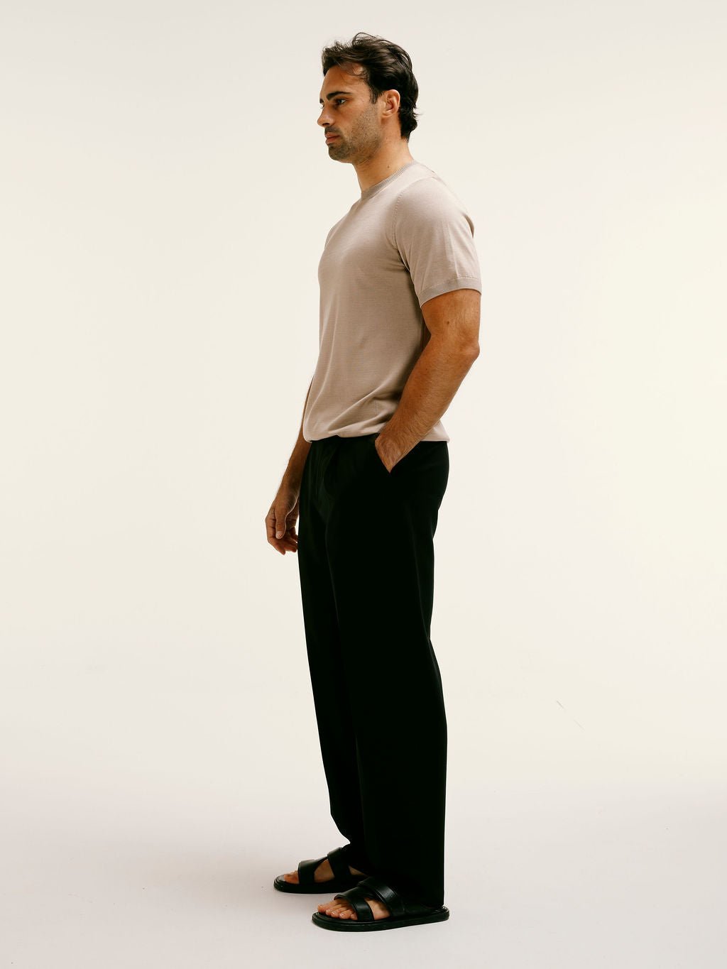 Cotton - silk classic fit Knitted T-Shirt in Taupe - Lewis James