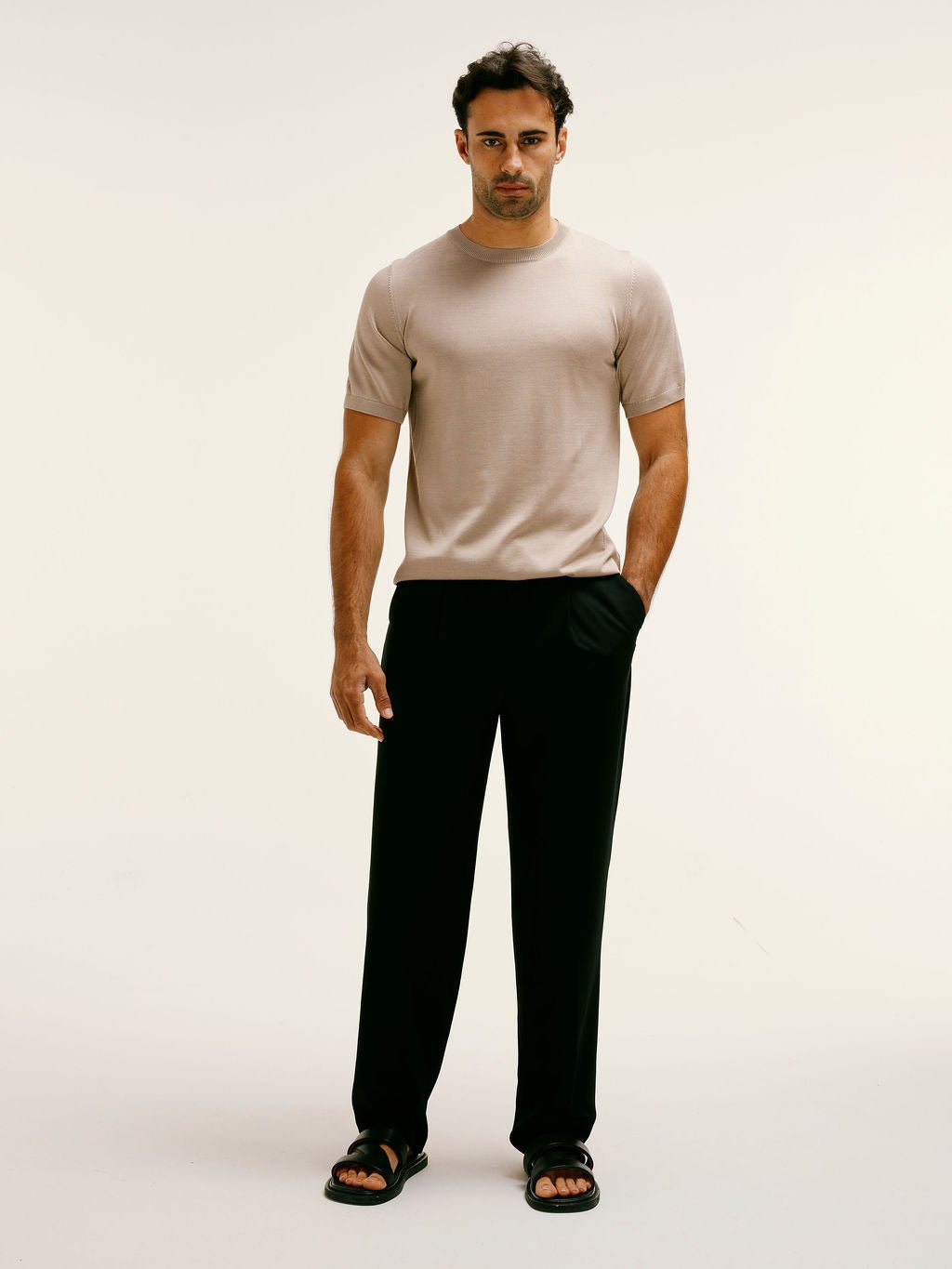 Cotton - silk classic fit Knitted T-Shirt in Taupe - Lewis James