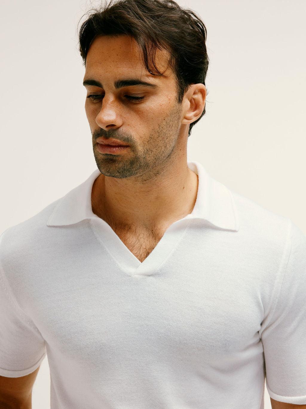 Extra Fine Merino Wool Polo With Embroidery Detail in Off White - Lewis James