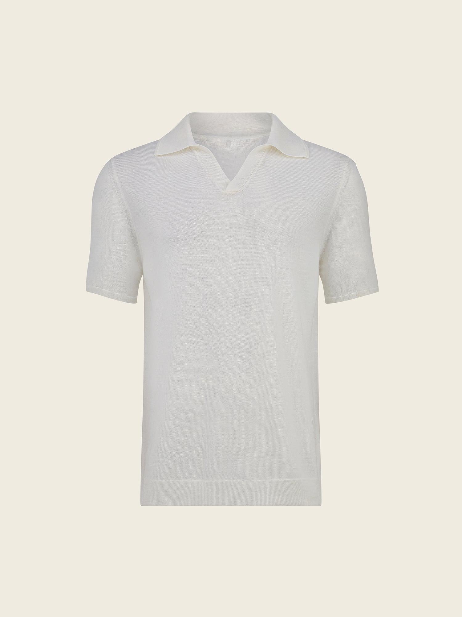 Extra Fine Merino Wool Polo With Embroidery Detail in Off White - Lewis James