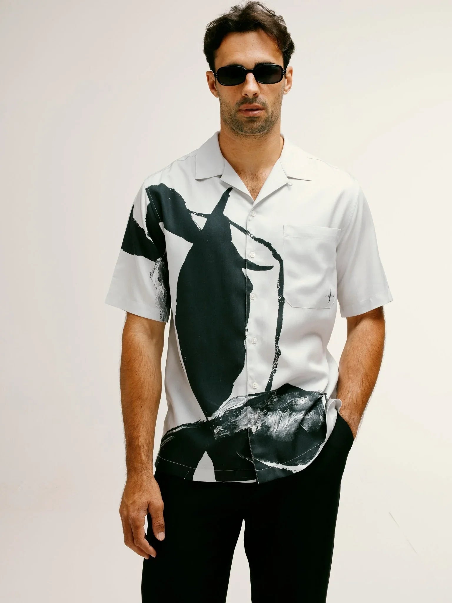 Iris Floral Printed Tencel Shirt in Black & White - Lewis James