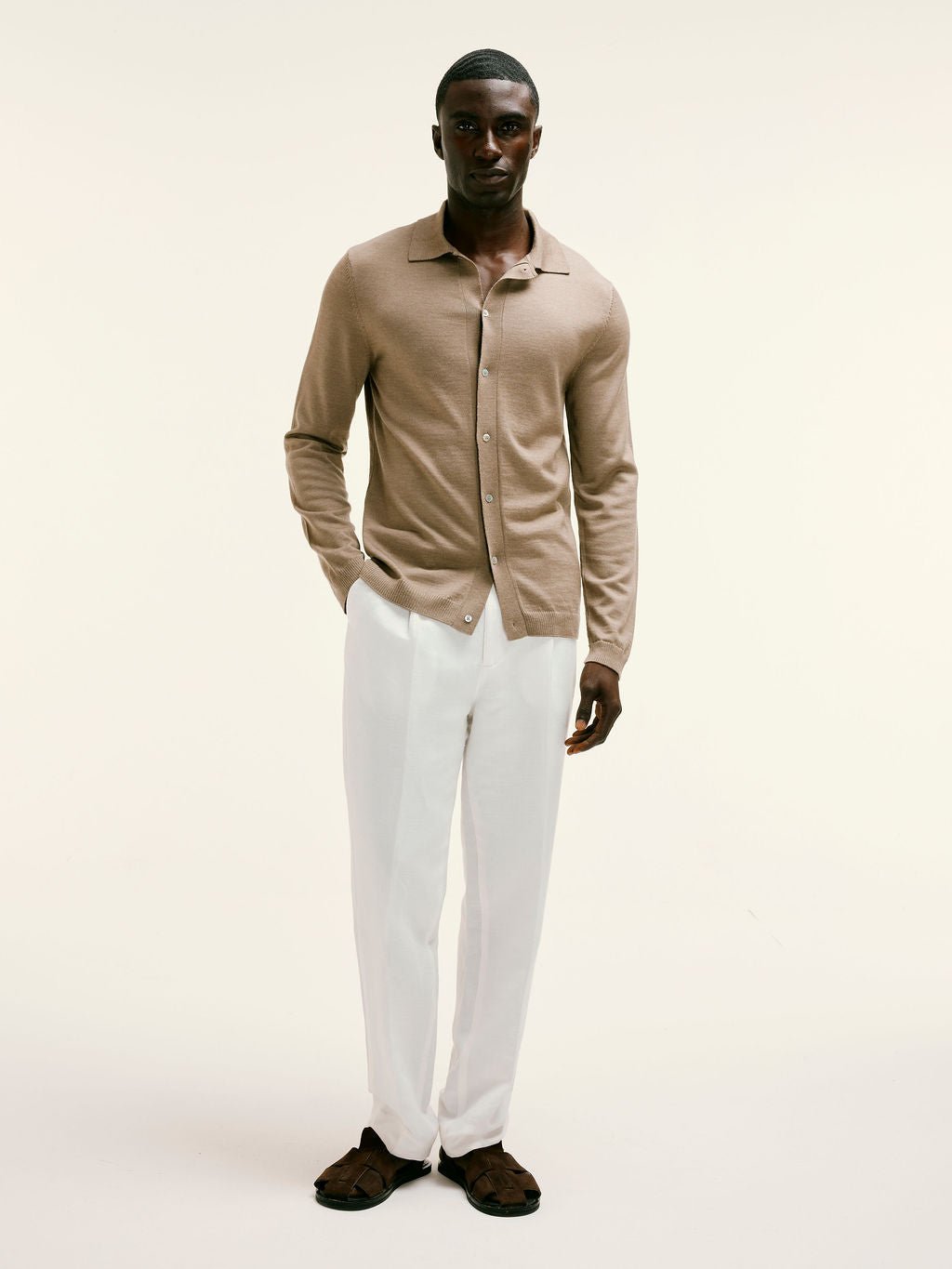 Knitted Button - Down Cardigan in Taupe - Lewis James