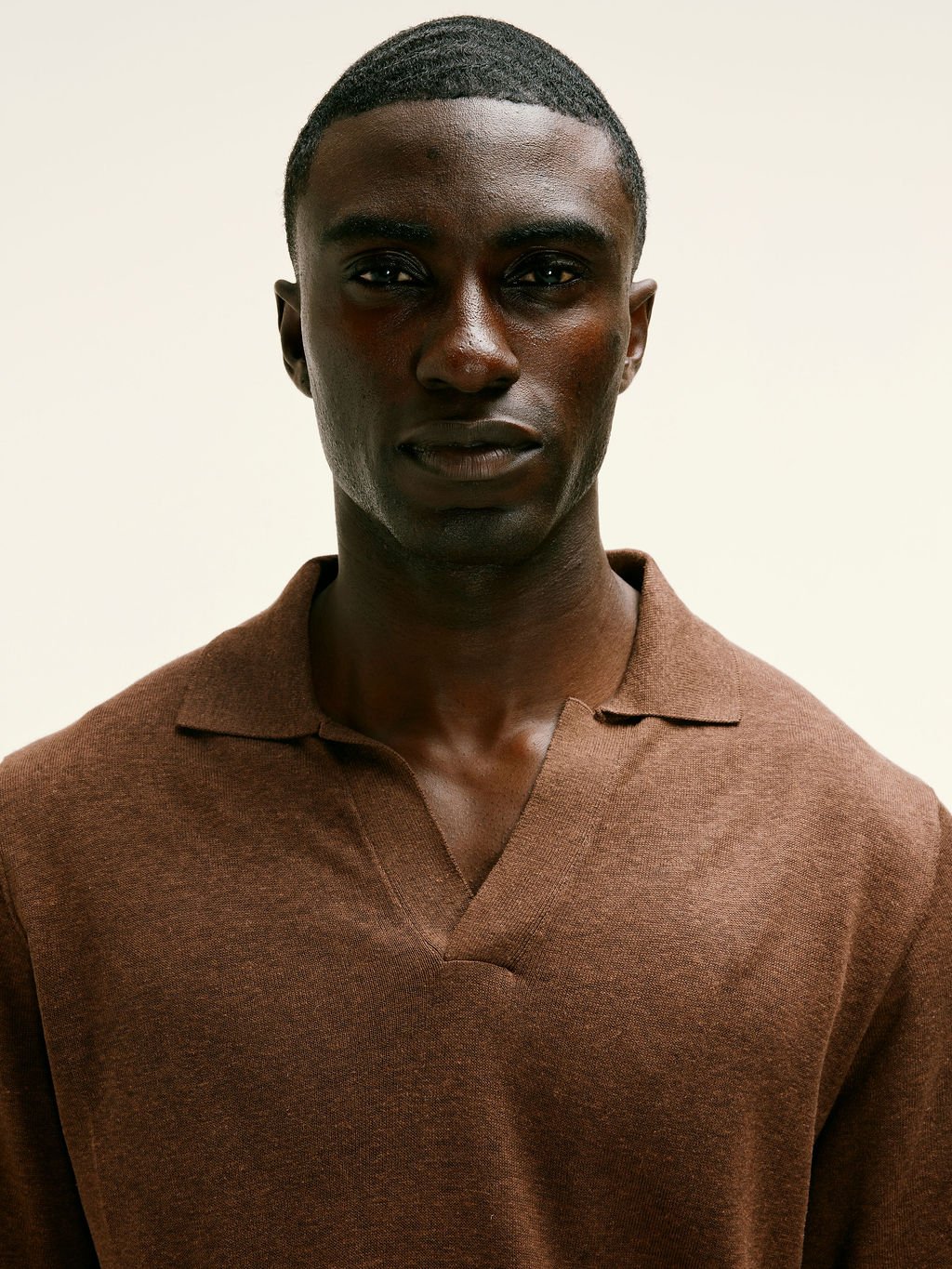 Linen - Silk Open - Collar Polo in Brown - Lewis James