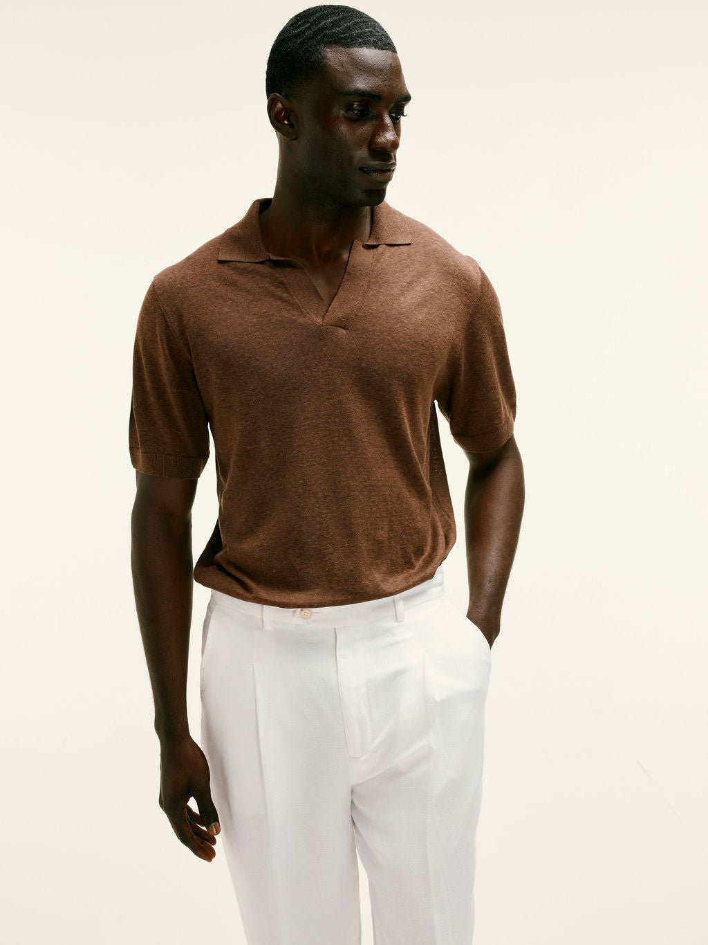 Linen - Silk Open - Collar Polo in Brown - Lewis James