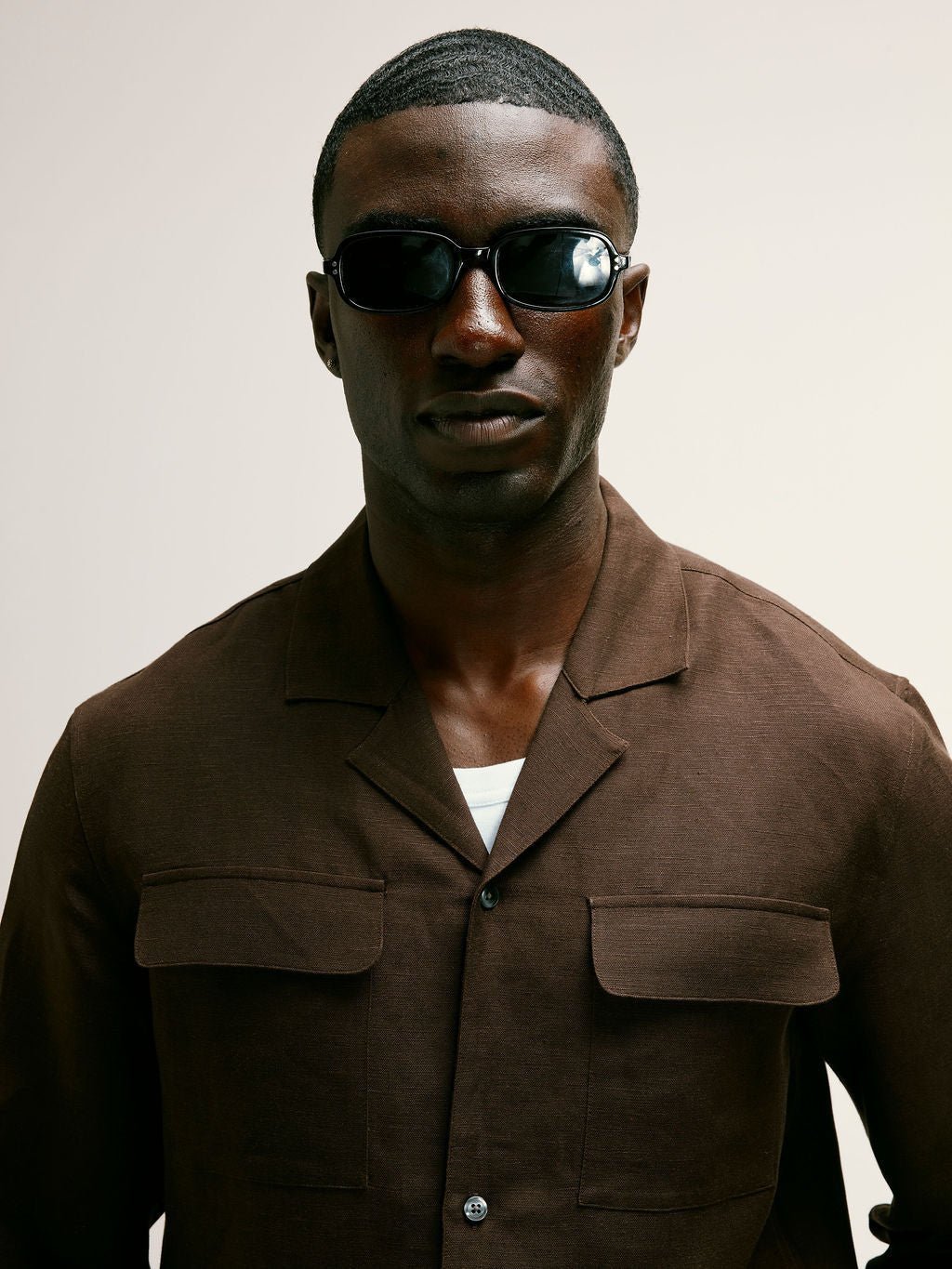 Long - Sleeve Linen - Viscose Safari Shirt in Dark Brown - Lewis James