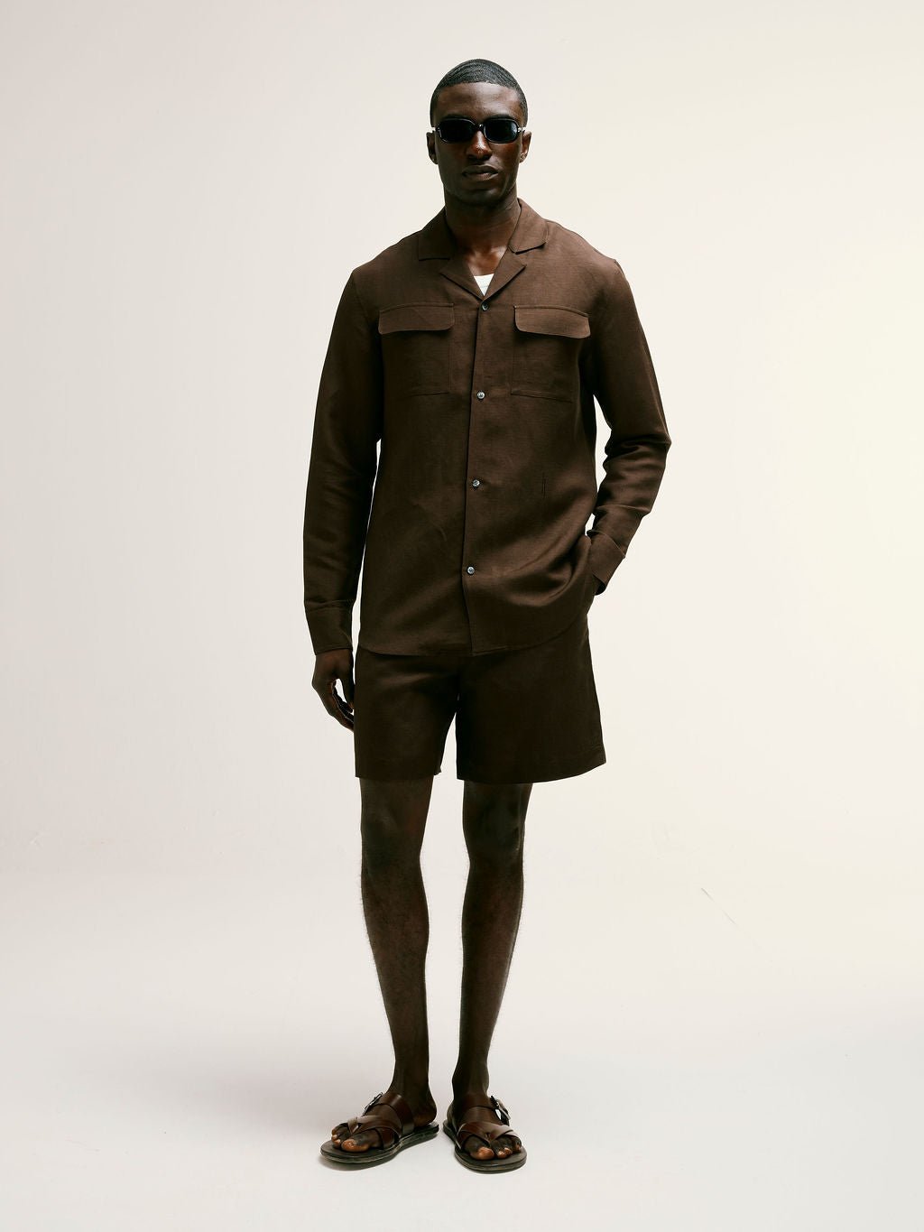 Long - Sleeve Linen - Viscose Safari Shirt in Dark Brown - Lewis James