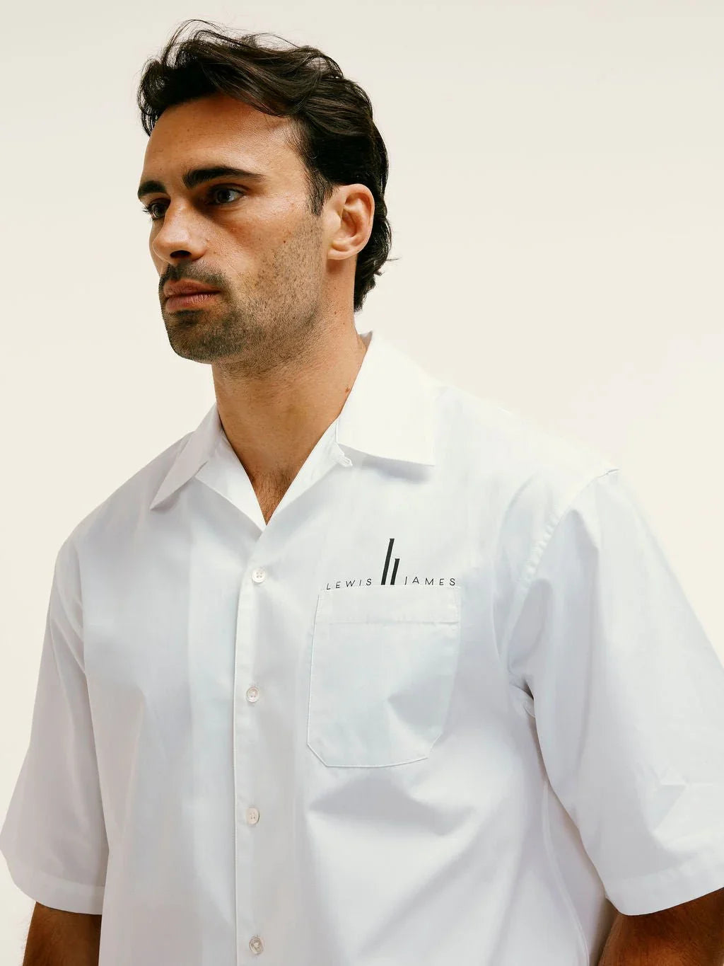Oversized Bowling Shirt with hidden pocket Logo in White - Lewis James