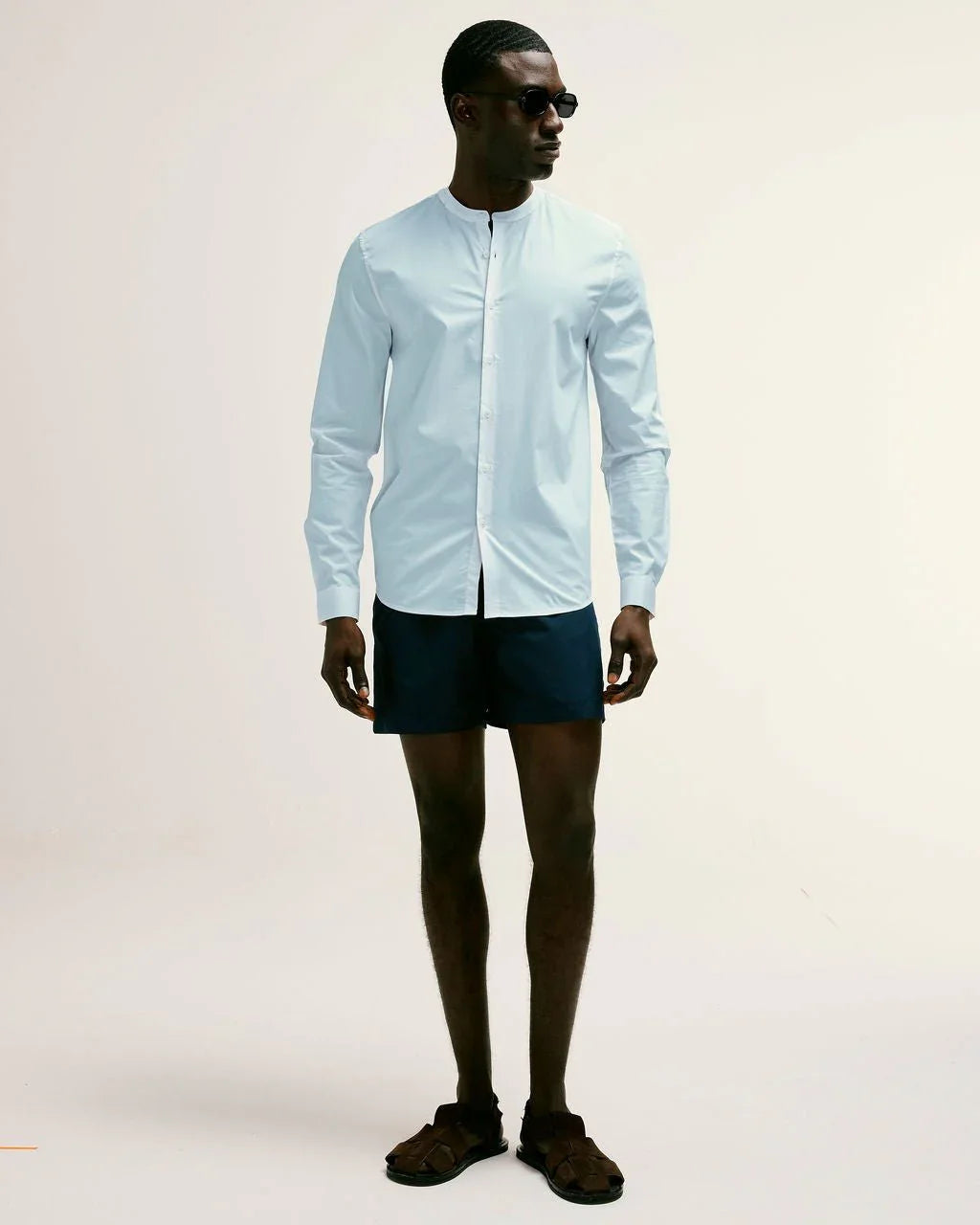 Regent Poplin Grandad Collar Shirt in Sky Blue - Lewis James
