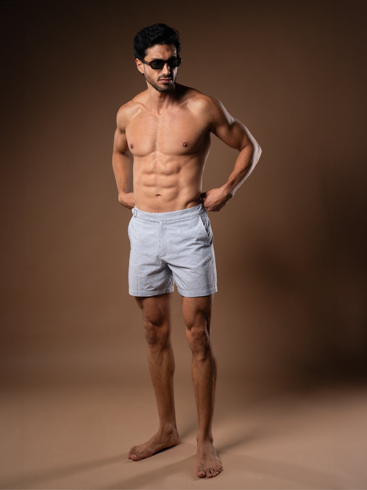Blue Seersucker Striped Smart Half Elasticated Swimshorts
