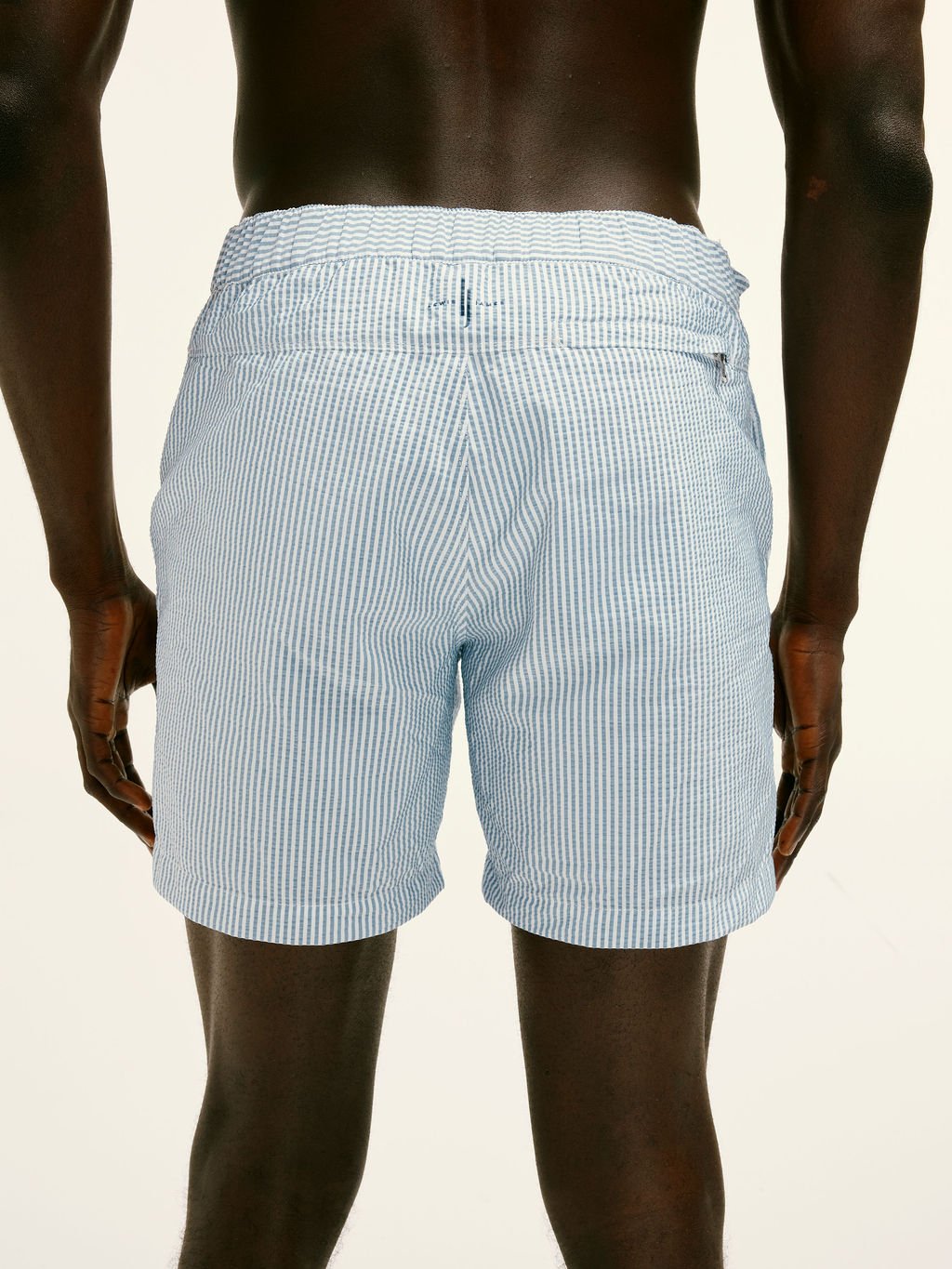 Seersucker Striped half elasticated Swimshorts in Blue - Lewis James