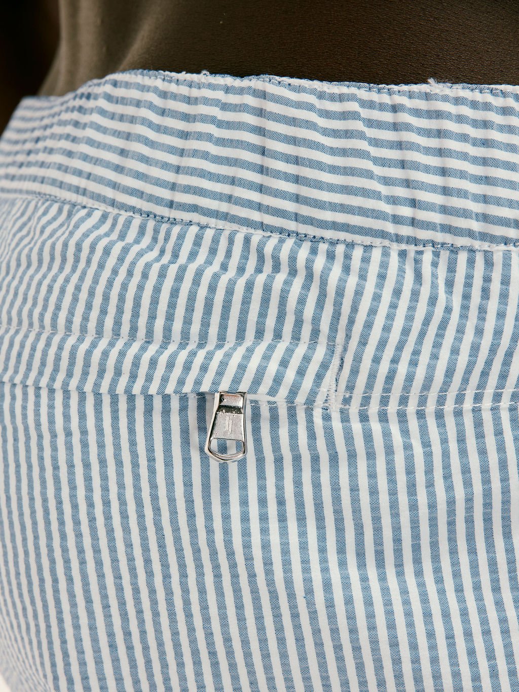 Seersucker Striped half elasticated Swimshorts in Blue - Lewis James