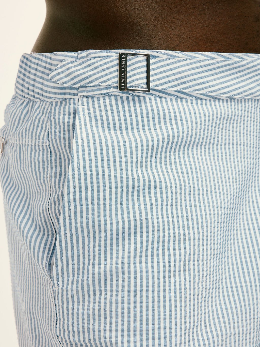 Seersucker Striped half elasticated Swimshorts in Blue - Lewis James
