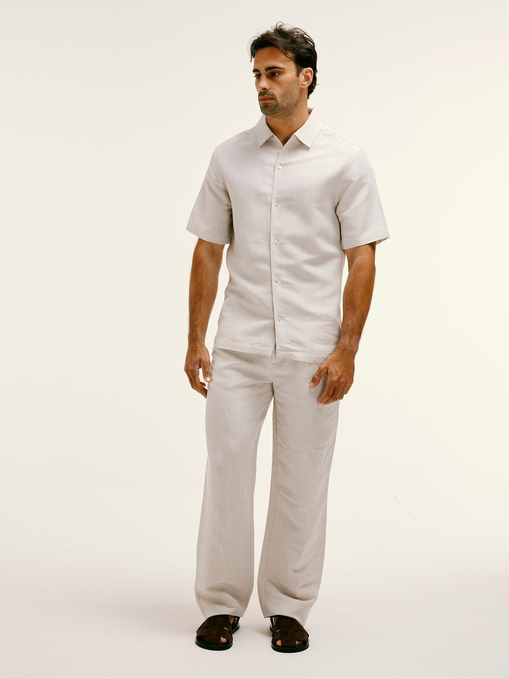 Short - Sleeve Linen - Viscose Shirt in Natural Taupe - Lewis James