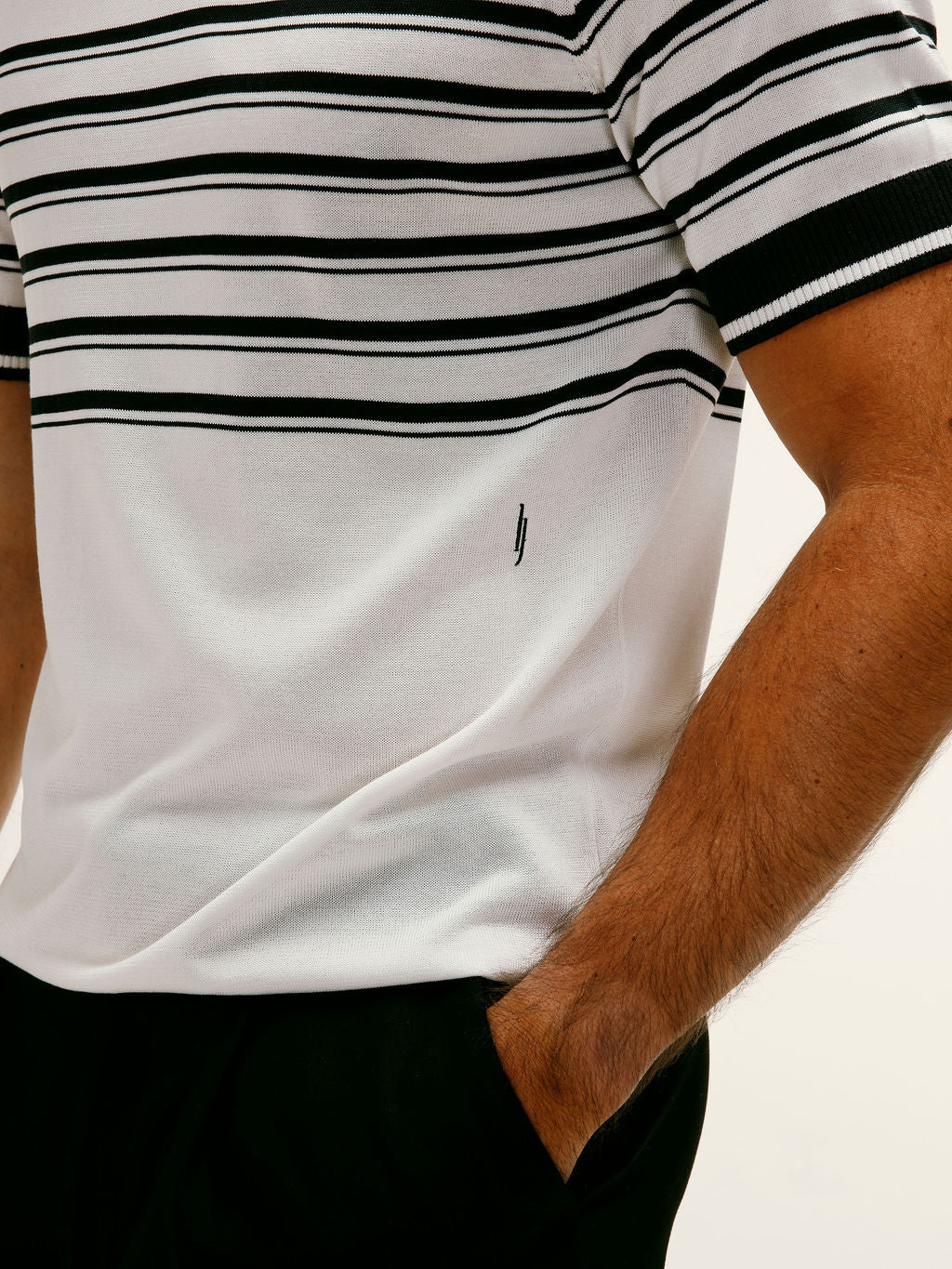 Silk - Blend Striped Open - Collar Polo in Black & White - Lewis James