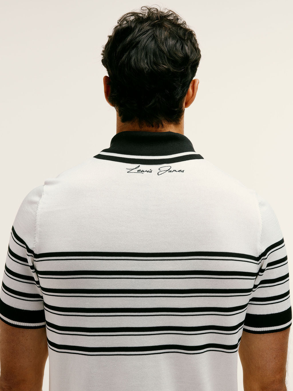 Silk - Blend Striped Open - Collar Polo in Black & White - Lewis James