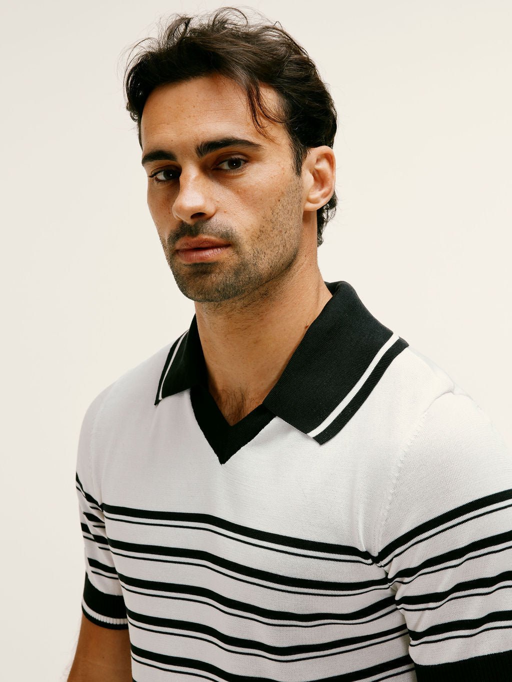 Silk - Blend Striped Open - Collar Polo in Black & White - Lewis James