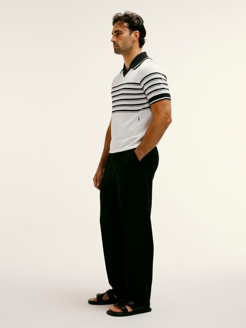 Silk - Blend Striped Open - Collar Polo in Black & White - Lewis James