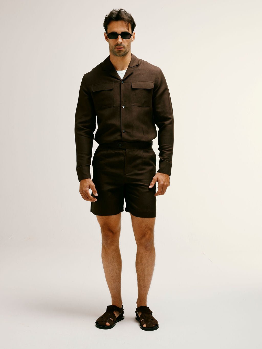 Smart Pleated Linen Blend Shorts in Brown - Lewis James