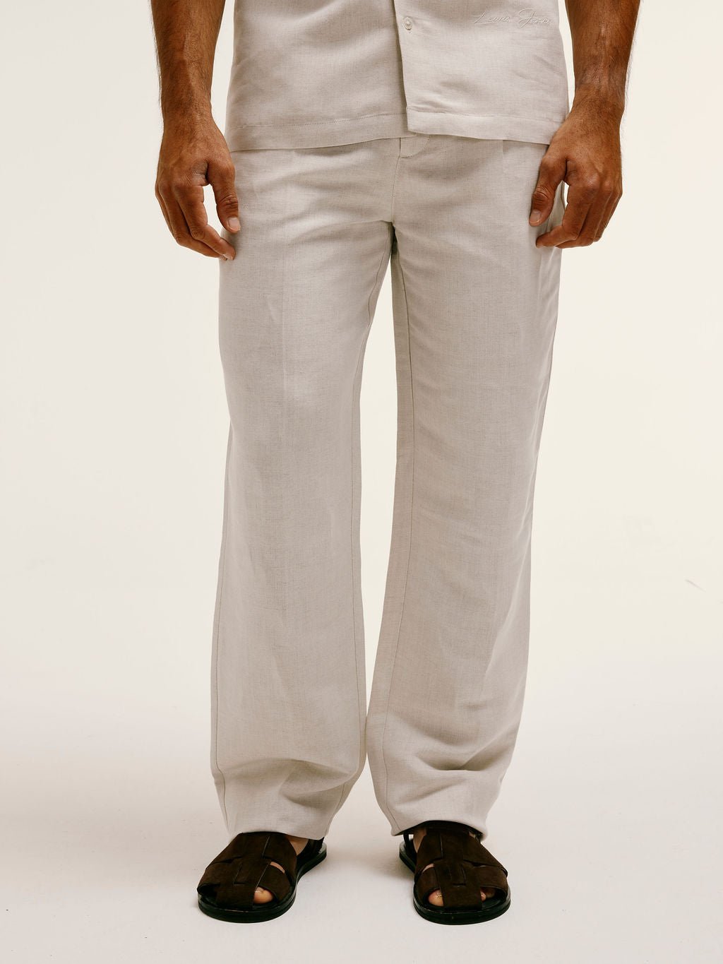 Straight - Fit Linen - Viscose Trousers in Natural Taupe - Lewis James